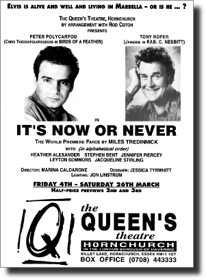 It's Now or Never comedy farce by Miles Tredinnick starring Peter Polycarpou and Tony Roper. Queen's Theatre, Hornchurch. Directed by Marina Calderone.